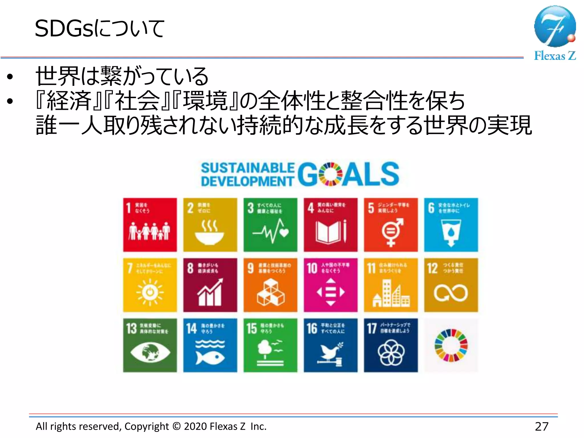All rights reserved, Copyright © 2020 Flexas Z Inc.
SDGsについて
27
• 世界は繋がっている
• 『経済』『社会』『環境』の全体性と整合性を保ち
誰一人取り残されない持続的な成長をする世界の実現
 