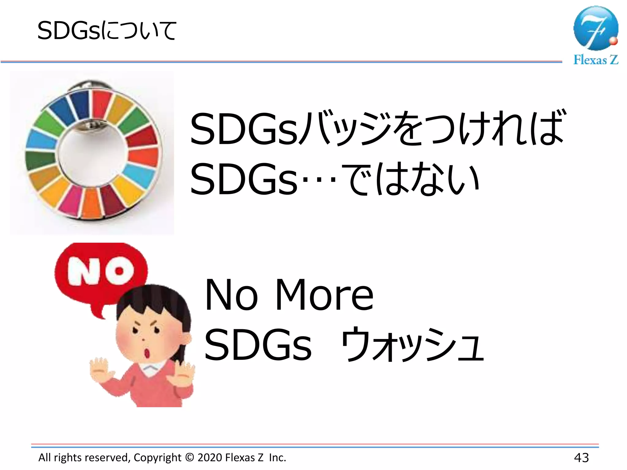 All rights reserved, Copyright © 2020 Flexas Z Inc.
SDGsについて
43
SDGsバッジをつければ
SDGs…ではない
No More
SDGs ウォッシュ
 
