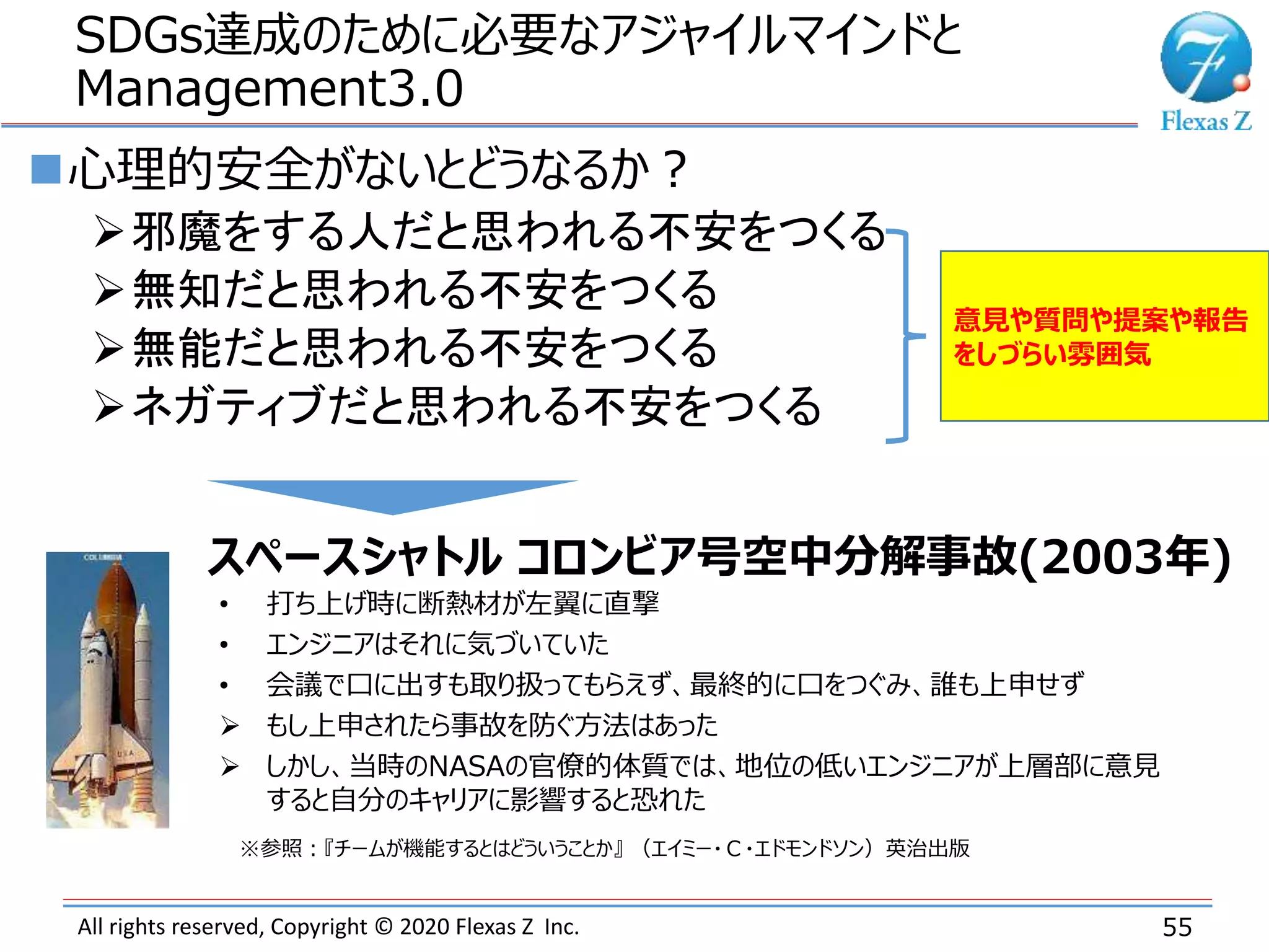All rights reserved, Copyright © 2020 Flexas Z Inc.
SDGs達成のために必要なアジャイルマインドと
Management3.0
55
心理的安全がないとどうなるか？
邪魔をする人だと思われる不安をつくる
無知だと思われる不安をつくる
無能だと思われる不安をつくる
ネガティブだと思われる不安をつくる
意見や質問や提案や報告
をしづらい雰囲気
スペースシャトル コロンビア号空中分解事故(2003年)
• 打ち上げ時に断熱材が左翼に直撃
• エンジニアはそれに気づいていた
• 会議で口に出すも取り扱ってもらえず、最終的に口をつぐみ、誰も上申せず
 もし上申されたら事故を防ぐ方法はあった
 しかし、当時のNASAの官僚的体質では、地位の低いエンジニアが上層部に意見
すると自分のキャリアに影響すると恐れた
※参照：『チームが機能するとはどういうことか』 （エイミー・Ｃ・エドモンドソン）英治出版
 