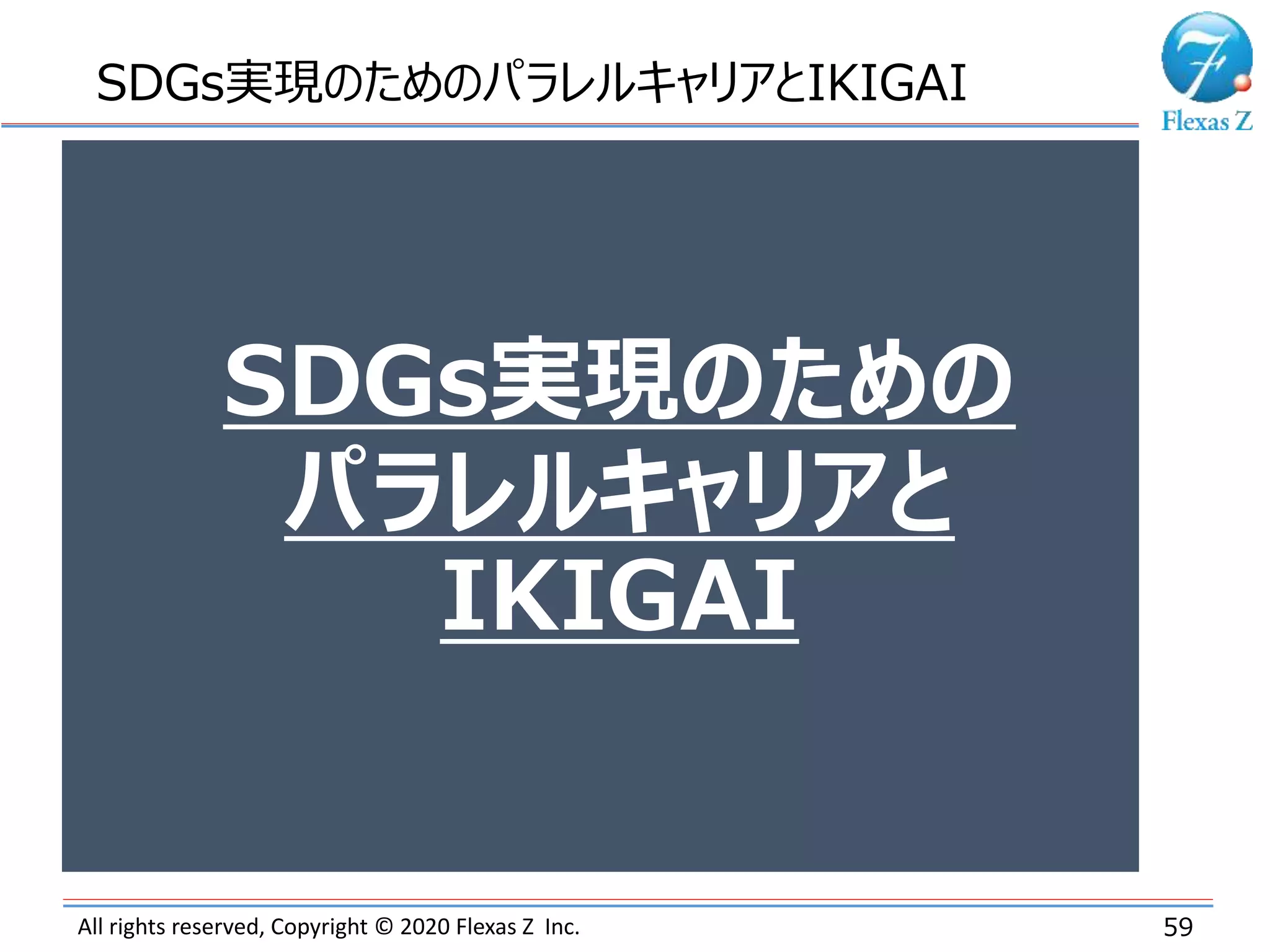 All rights reserved, Copyright © 2020 Flexas Z Inc. 59
SDGs実現のための
パラレルキャリアと
IKIGAI
SDGs実現のためのパラレルキャリアとIKIGAI
 