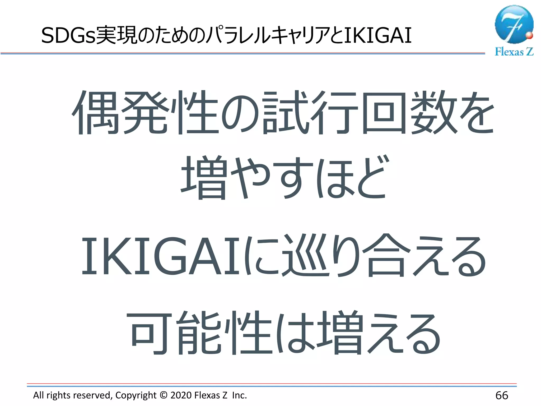 All rights reserved, Copyright © 2020 Flexas Z Inc. 66
SDGs実現のためのパラレルキャリアとIKIGAI
偶発性の試行回数を
増やすほど
IKIGAIに巡り合える
可能性は増える
 