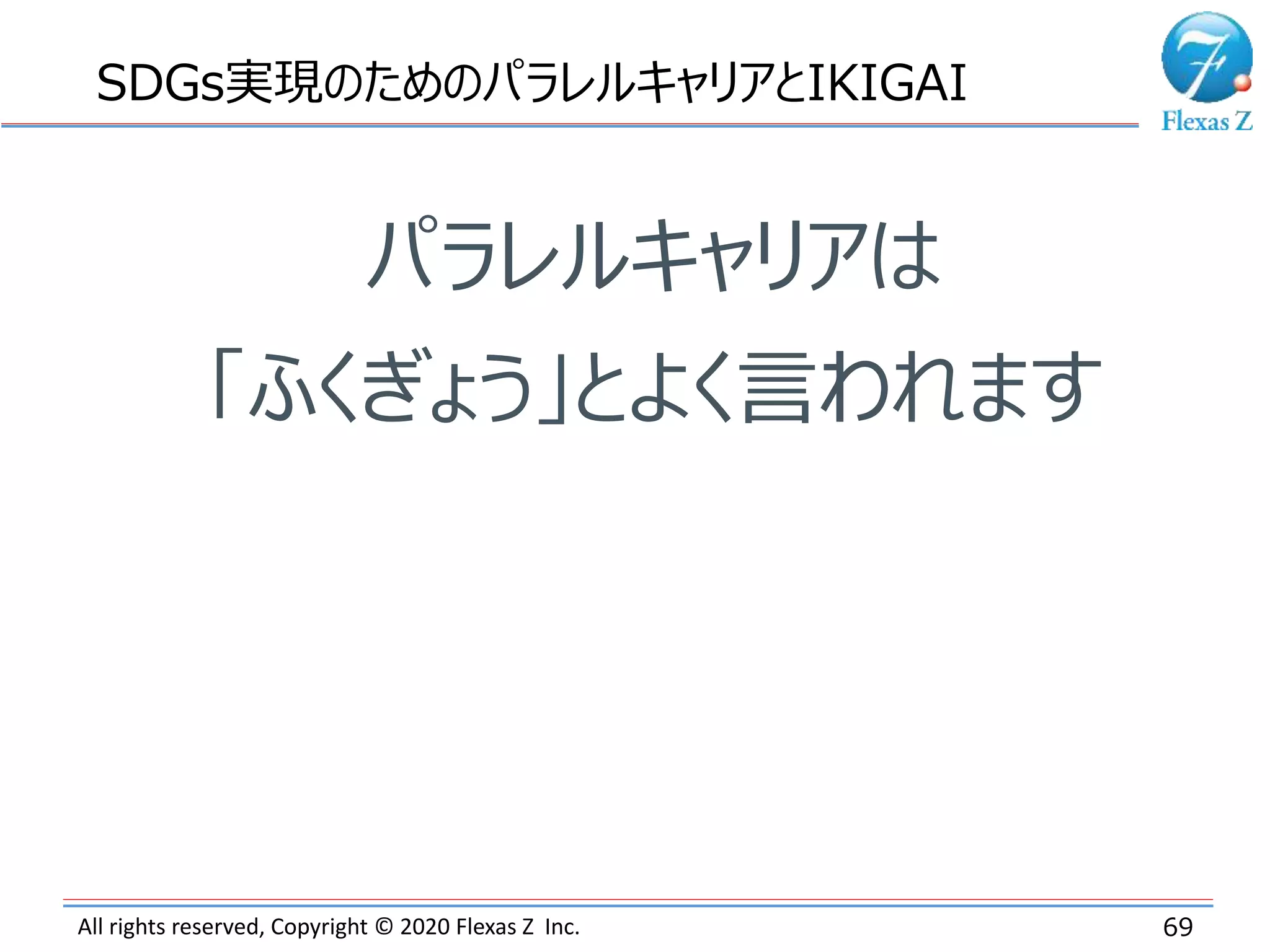 All rights reserved, Copyright © 2020 Flexas Z Inc. 69
SDGs実現のためのパラレルキャリアとIKIGAI
パラレルキャリアは
「ふくぎょう」とよく言われます
 