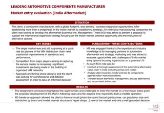 LEADING AUTOMOTIVE COMPONENTS MANUFACTURER
Market entry evaluation (India Aftermarket)

                                                          SITUATION
The client, a component manufacturer, with a global footprint, was seeking business expansion opportunities. After
establishing more than a bridgehead in the Indian market by establishing strategic JVs with local manufacturing companies the
client was looking to develop the aftermarket business line. Management Three (M3) was asked to present a proposal to
support the international expansion strategy focusing on the Indian market potential opportunity and the evaluation of
alternative options.

                     KEY ISSUES                                         MANAGEMENT THREE CONTRIBUTIONS
• The target market was and still is growing at a quick         • M3 was engaged thanks to the expertise and industry
  rate but players in the IAM distribution chain need             knowledge of its managing partners in automotive
  substantial improvements in standards and                       aftermarket and strategic marketing and was asked to
  performance;                                                    evaluate opportunities and challenges of India market
• Competition from major players aiming at capturing              entry options focusing in particular on a potential JV:
  the service market is increasing: significant                 • As such M3’s role was to:
  investments are being made in the building of                  Conduct a thorough assessment of the automotive aftermarket
  organized IAM networks                                          value chain in India (including prices and costs);
• Approach and timing where decisive and the client              Analyse client business model and test its components
                                                                  against Indian market conditions;
  was looking for a professional and detailed
                                                                 Transfer lesson learned to management, discuss alternatives
  assessment in order to take an informed decision
                                                                  and recommend action plan

                                                          RESULTS
• The assignment conclusions highlighted the opportunities and challenges to enter the market on a first-mover basis given
  the projected development of the IAM in following years and the elapsed time required to built a credible operation
• M3 hands-on approach allowed the client to have a visual (photo diary) and factual (parts prices, car population size and
  distribution by brand and model, market structure of repair shops ..) view of the market and take a well grounded decision
 