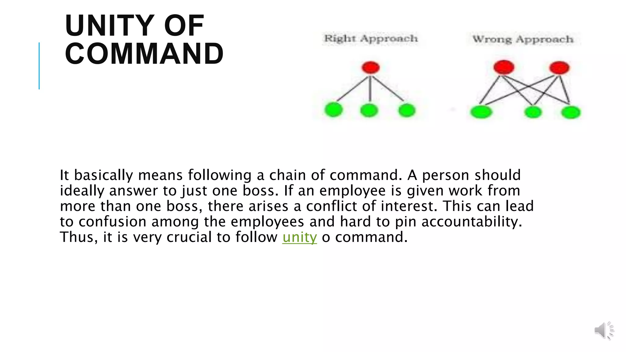 UNITY OF
COMMAND
It basically means following a chain of command. A person should
ideally answer to just one boss. If an employee is given work from
more than one boss, there arises a conflict of interest. This can lead
to confusion among the employees and hard to pin accountability.
Thus, it is very crucial to follow unity o command.
 