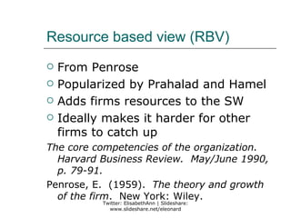 Resource based view (RBV)
   From Penrose
   Popularized by Prahalad and Hamel
   Adds firms resources to the SW
   Ideally makes it harder for other
    firms to catch up
The core competencies of the organization.
  Harvard Business Review. May/June 1990,
  p. 79-91.
Penrose, E. (1959). The theory and growth
  of the firm. New York: Wiley.
           Twitter: ElisabethAnn | Slideshare:
             www.slideshare.net/eleonard
 