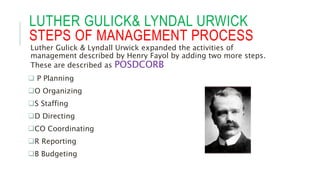 LUTHER GULICK& LYNDAL URWICK
STEPS OF MANAGEMENT PROCESS
Luther Gulick & Lyndall Urwick expanded the activities of
management described by Henry Fayol by adding two more steps.
These are described as POSDCORB
 P Planning
O Organizing
S Staffing
D Directing
CO Coordinating
R Reporting
B Budgeting
 