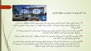 ‫ﯾﮏ‬
"
‫ﻫﻮﺷﻤﻨﺪ‬ ‫ﺧﺎﻧﻪ‬
"
‫ﮐﺎرﮐ‬ ‫اﯾﻨﮕﻮﻧﻪ‬ ‫اﺳﺖ‬ ‫ﻣﻤﮑﻦ‬
‫ﻨﺪ‬
:

‫ﻣﯽ‬ ‫ﭘﺎﺳﺦ‬ ‫ﺷﺪه‬ ‫رﯾﺰي‬ ‫ﺑﺮﻧﺎﻣﻪ‬ ‫ﻓﺮاﻣﯿﻦ‬ ‫ﺑﻪ‬ ‫ﮐﻨﻨﺪه‬ ‫ﻣﺼﺮف‬ ‫ﻣﺠﺎزي‬ ‫دﺳﺘﯿﺎر‬
‫ﺻﺪ‬ ‫ﺑﻪ‬ ‫را‬ ‫ﺻﺒﺤﮕﺎﻫﯽ‬ ‫ﻫﺸﺪار‬ ،‫دﻫﺪ‬
‫در‬ ‫ا‬
‫ﻣﯽ‬ ‫روﺷﻦ‬ ‫را‬ ‫ﭼﺮاﻏﻬﺎ‬ ‫و‬ ‫آورده‬
‫ﻣﯽ‬ ‫ﺗﻨﻈﯿﻢ‬ ‫را‬ ‫ﺗﺮﻣﻮﺳﺘﺎت‬ ،‫ﮐﻨﺪ‬
‫ﻣﯽ‬ ‫روﺷﻦ‬ ‫را‬ ‫ﺳﺎز‬ ‫ﻗﻬﻮه‬ ،‫ﮐﻨﺪ‬
‫اﺧ‬ ‫ﯾﺎ‬ ‫ﻣﻮﺳﯿﻘﯽ‬ ،‫ﮐﻨﺪ‬
‫را‬ ‫ﺒﺎر‬
‫ﻣﯽ‬ ‫ﭘﺨﺶ‬
‫ﮐﻨﺪ‬
.

‫ﻣﯽ‬ ‫ﭘﯿﺎم‬ ‫ﺧﻮدران‬ ‫ﻣﺎﺷﯿﻦ‬ ‫ﺑﻪ‬ ‫ﺷﺮﮐﺖ‬ ‫ﺳﻤﺖ‬ ‫ﺑﻪ‬ ‫ﺣﺮﮐﺖ‬ ‫زﻣﺎن‬
‫ﻣﯽ‬ ‫ﻓﺮﻣﺎن‬ ‫آن‬ ‫ﺑﻪ‬ ‫و‬ ‫ﺷﻮد‬ ‫روﺷﻦ‬ ‫ﺗﺎ‬ ‫دﻫﺪ‬
‫از‬ ‫ﺗﺎ‬ ‫دﻫﺪ‬
‫ﺑﺎﺷﺪ‬ ‫آﻣﺎده‬ ‫ﺣﺮﮐﺖ‬ ‫ﻫﻨﮕﺎم‬ ‫ﺗﺎ‬ ‫و‬ ‫ﮐﻨﺪ‬ ‫ﮔﺮم‬ ،‫ﺷﺪه‬ ‫ﺧﺎرج‬ ‫ﭘﺎرﮐﯿﻨﮓ‬
.

‫ﻣﯽ‬ ‫ﺗﻤﯿﺰ‬ ‫را‬ ‫ﺧﻮد‬ ‫ﺧﺎﻧﻪ‬ ،‫روز‬ ‫ﻃﻮل‬ ‫در‬
‫ﻣﯽ‬ ‫ﺳﻔﺎرش‬ ‫ارﺳﺎل‬ ‫ﺑﺮاي‬ ‫را‬ ‫ﯾﺨﭽﺎل‬ ‫و‬ ‫آﺷﭙﺰﺧﺎﻧﻪ‬ ‫ﻧﯿﺎز‬ ‫ﻣﻮرد‬ ‫ﻣﻮاد‬ ،‫ﮐﻨﺪ‬
،‫دﻫﺪ‬
‫ﮐﻨﻨﺪ‬ ‫آﻣﺎده‬ ‫را‬ ‫ﺷﺐ‬ ‫ﻏﺬاي‬ ‫روﺑﺎﺗﻬﺎ‬ ‫ﺣﺘﯽ‬ ‫ﺷﺎﯾﺪ‬
.

‫ﻣﯽ‬ ‫ﺣﺮﮐﺖ‬ ‫ﺧﺎﻧﻪ‬ ‫ﺳﻤﺖ‬ ‫ﺑﻪ‬ ‫ﻣﺎﺷﯿﻦ‬ ‫وﻗﺘﯽ‬
‫ﻣﯽ‬ ‫ﺗﻨﻈﯿﻢ‬ ‫ﺗﺮﻣﻮﺳﺘﺎت‬ ،‫ﮐﻨﺪ‬
‫ﮐ‬ ‫ﻣﺼﺮف‬ ‫وﻗﺘﯽ‬ ‫ﺧﺎﻧﻪ‬ ‫دﻣﺎي‬ ‫ﺗﺎ‬ ‫ﺷﻮد‬
‫ﻣﯽ‬ ‫ﻨﻨﺪه‬
-
‫ﺑﺎﺷﺪ‬ ‫ﻣﻨﺎﺳﺒﯽ‬ ‫دﻣﺎي‬ ‫رﺳﺪ‬
.
‫ﻣﯽ‬ ‫ﺣﺮﮐﺖ‬ ‫ﭘﺎرﮐﯿﻨﮓ‬ ‫ﺳﻤﺖ‬ ‫ﺑﻪ‬ ‫ﻣﺎﺷﯿﻦ‬ ‫وﻗﺘﯽ‬
‫ﻣﯽ‬ ‫ﺑﺎز‬ ‫در‬ ‫و‬ ‫روﺷﻦ‬ ‫ﭼﺮاﻏﻬﺎ‬ ،‫ﮐﻨﺪ‬
‫ﺷﻮد‬
.
‫آﯾﺎ‬
‫ﺑﮕﻮﯾﺪ؟‬ ‫آﻣﺪ‬ ‫ﺧﻮش‬ ‫ﮐﻨﻨﺪه‬ ‫ﻣﺼﺮف‬ ‫ﺑﻪ‬ ‫ﻧﻮﺷﯿﺪﻧﯽ‬ ‫ﯾﮏ‬ ‫ﺑﺎ‬ ‫رﺑﺎت‬ ‫ﯾﮏ‬ ‫اﺳﺖ‬ ‫ﻣﻤﮑﻦ‬
 
