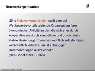 Netzwerkorganisation Quelle: Bea/Göbel 1999, S. 364-369 „ Eine  Netzwerkorganisation  stellt eine auf Wettbewerbsvorteile zielende Organisationsform ökonomischer Aktivitäten dar, die sich eher durch kooperative als durch kompetitive und durch relativ stabile Beziehungen zwischen rechtlich selbständigen, wirtschaftlich jedoch zumeist abhängigen Unternehmungen auszeichnet.“ (Bea/Göbel 1999, S. 368) 