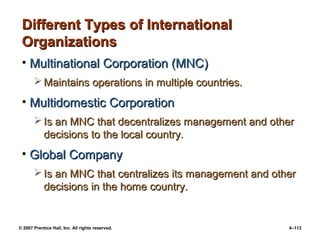 © 2007 Prentice Hall, Inc. All rights reserved. 4–113
Different Types of International
Different Types of International
Organizations
Organizations
• Multinational Corporation (MNC)
Multinational Corporation (MNC)
 Maintains operations in multiple countries.
Maintains operations in multiple countries.
• Multidomestic Corporation
Multidomestic Corporation
 Is an MNC that decentralizes management and other
Is an MNC that decentralizes management and other
decisions to the local country.
decisions to the local country.
• Global Company
Global Company
 Is an MNC that centralizes its management and other
Is an MNC that centralizes its management and other
decisions in the home country.
decisions in the home country.
 