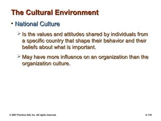 © 2007 Prentice Hall, Inc. All rights reserved. 4–119
The Cultural Environment
The Cultural Environment
• National Culture
National Culture
 Is the values and attitudes shared by individuals from
Is the values and attitudes shared by individuals from
a specific country that shape their behavior and their
a specific country that shape their behavior and their
beliefs about what is important.
beliefs about what is important.
 May have more influence on an organization than the
May have more influence on an organization than the
organization culture.
organization culture.
 