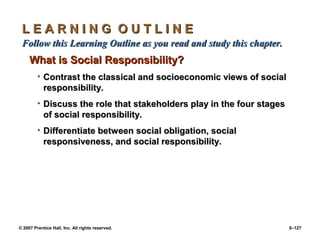 © 2007 Prentice Hall, Inc. All rights reserved. 5–127
L E A R N I N G O U T L I N E
L E A R N I N G O U T L I N E
Follow this Learning Outline as you read and study this chapter
Follow this Learning Outline as you read and study this chapter.
.
What is Social Responsibility?
What is Social Responsibility?
• Contrast the classical and socioeconomic views of social
Contrast the classical and socioeconomic views of social
responsibility.
responsibility.
• Discuss the role that stakeholders play in the four stages
Discuss the role that stakeholders play in the four stages
of social responsibility.
of social responsibility.
• Differentiate between social obligation, social
Differentiate between social obligation, social
responsiveness, and social responsibility.
responsiveness, and social responsibility.
 