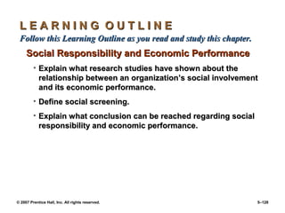 © 2007 Prentice Hall, Inc. All rights reserved. 5–128
L E A R N I N G O U T L I N E
L E A R N I N G O U T L I N E
Follow this Learning Outline as you read and study this chapter
Follow this Learning Outline as you read and study this chapter.
.
Social Responsibility and Economic Performance
Social Responsibility and Economic Performance
• Explain what research studies have shown about the
Explain what research studies have shown about the
relationship between an organization’s social involvement
relationship between an organization’s social involvement
and its economic performance.
and its economic performance.
• Define social screening.
Define social screening.
• Explain what conclusion can be reached regarding social
Explain what conclusion can be reached regarding social
responsibility and economic performance.
responsibility and economic performance.
 