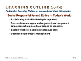 © 2007 Prentice Hall, Inc. All rights reserved. 5–131
L E A R N I N G O U T L I N E (cont’d)
L E A R N I N G O U T L I N E (cont’d)
Follow this Learning Outline as you read and study this chapter.
Follow this Learning Outline as you read and study this chapter.
Social Responsibility and Ethics in Today’s World
Social Responsibility and Ethics in Today’s World
• Explain why ethical leadership is important.
Explain why ethical leadership is important.
• Discuss how managers and organizations can protect
Discuss how managers and organizations can protect
employees who raise ethical issues or concerns.
employees who raise ethical issues or concerns.
• Explain what role social entrepreneurs play.
Explain what role social entrepreneurs play.
• Describe social impact management.
Describe social impact management.
 
