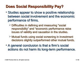 © 2007 Prentice Hall, Inc. All rights reserved. 5–138
Does Social Responsibility Pay?
Does Social Responsibility Pay?
• Studies appear to show a positive relationship
Studies appear to show a positive relationship
between social involvement and the economic
between social involvement and the economic
performance of firms.
performance of firms.
 Difficulties in defining and measuring “social
Difficulties in defining and measuring “social
responsibility” and “economic performance raise
responsibility” and “economic performance raise
issues of validity and causation in the studies.
issues of validity and causation in the studies.
 Mutual funds using social screening in investment
Mutual funds using social screening in investment
decisions slightly outperformed other mutual funds.
decisions slightly outperformed other mutual funds.
• A general conclusion is that a firm’s social
A general conclusion is that a firm’s social
actions do not harm its long-term performance.
actions do not harm its long-term performance.
 