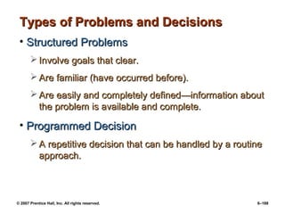 © 2007 Prentice Hall, Inc. All rights reserved. 6–188
Types of Problems and Decisions
Types of Problems and Decisions
• Structured Problems
Structured Problems
 Involve goals that clear.
Involve goals that clear.
 Are familiar (have occurred before).
Are familiar (have occurred before).
 Are easily and completely defined
Are easily and completely defined—infor
—information about
mation about
the problem is available and complete.
the problem is available and complete.
• Programmed Decision
Programmed Decision
 A repetitive decision that can be handled by a routine
A repetitive decision that can be handled by a routine
approach.
approach.
 