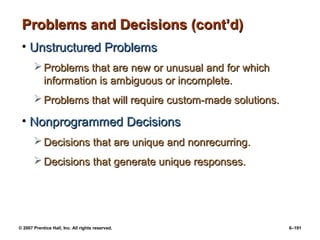 © 2007 Prentice Hall, Inc. All rights reserved. 6–191
Problems and Decisions (cont’d)
Problems and Decisions (cont’d)
• Unstructured Problems
Unstructured Problems
 Problems that are new or unusual and for which
Problems that are new or unusual and for which
information is ambiguous or incomplete.
information is ambiguous or incomplete.
 Problems that will require custom-made solutions.
Problems that will require custom-made solutions.
• Nonprogrammed Decisions
Nonprogrammed Decisions
 Decisions that are unique and nonrecurring.
Decisions that are unique and nonrecurring.
 Decisions that generate unique responses.
Decisions that generate unique responses.
 