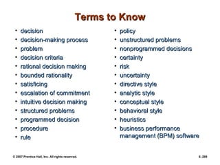 © 2007 Prentice Hall, Inc. All rights reserved. 6–209
Terms to Know
Terms to Know
• decision
decision
• decision-making process
decision-making process
• problem
problem
• decision criteria
decision criteria
• rational decision making
rational decision making
• bounded rationality
bounded rationality
• satisficing
satisficing
• escalation of commitment
escalation of commitment
• intuitive decision making
intuitive decision making
• structured problems
structured problems
• programmed decision
programmed decision
• procedure
procedure
• rule
rule
• policy
policy
• unstructured problems
unstructured problems
• nonprogrammed decisions
nonprogrammed decisions
• certainty
certainty
• risk
risk
• uncertainty
uncertainty
• directive style
directive style
• analytic style
analytic style
• conceptual style
conceptual style
• behavioral style
behavioral style
• heuristics
heuristics
• business performance
business performance
management (BPM) software
management (BPM) software
 