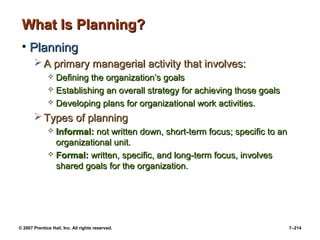 © 2007 Prentice Hall, Inc. All rights reserved. 7–214
What Is Planning?
What Is Planning?
• Planning
Planning
 A primary managerial activity that involves:
A primary managerial activity that involves:
 Defining the organization’s goals
Defining the organization’s goals
 Establishing an overall strategy for achieving those goals
Establishing an overall strategy for achieving those goals
 Developing plans for organizational work activities.
Developing plans for organizational work activities.
 Types of planning
Types of planning
 Informal:
Informal: not written down, short-term focus; specific to an
not written down, short-term focus; specific to an
organizational unit.
organizational unit.
 Formal:
Formal: written, specific, and long-term focus, involves
written, specific, and long-term focus, involves
shared goals for the organization.
shared goals for the organization.
 