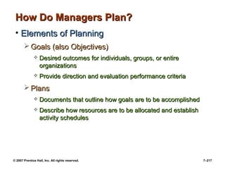 © 2007 Prentice Hall, Inc. All rights reserved. 7–217
How Do Managers Plan?
How Do Managers Plan?
• Elements of Planning
Elements of Planning
 Goals (also Objectives)
Goals (also Objectives)
 Desired outcomes for individuals, groups, or entire
Desired outcomes for individuals, groups, or entire
organizations
organizations
 Provide direction and evaluation performance criteria
Provide direction and evaluation performance criteria
 Plans
Plans
 Documents that outline how goals are to be accomplished
Documents that outline how goals are to be accomplished
 Describe how resources are to be allocated and establish
Describe how resources are to be allocated and establish
activity schedules
activity schedules
 