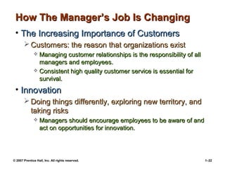 © 2007 Prentice Hall, Inc. All rights reserved. 1–22
How The Manager’s Job Is Changing
How The Manager’s Job Is Changing
• The Increasing Importance of Customers
The Increasing Importance of Customers
 Customers: the reason that organizations exist
Customers: the reason that organizations exist
 Managing customer relationships is the responsibility of all
Managing customer relationships is the responsibility of all
managers and employees.
managers and employees.
 Consistent high quality customer service is essential for
Consistent high quality customer service is essential for
survival.
survival.
• Innovation
Innovation
 Doing things differently, exploring new territory, and
Doing things differently, exploring new territory, and
taking risks
taking risks
 Managers should encourage employees to be aware of and
Managers should encourage employees to be aware of and
act on opportunities for innovation.
act on opportunities for innovation.
 