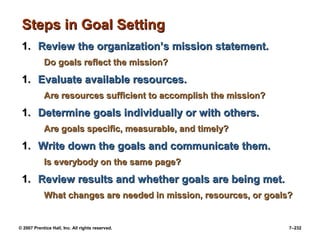 © 2007 Prentice Hall, Inc. All rights reserved. 7–232
Steps in Goal Setting
Steps in Goal Setting
1.
1. Review the organization’s mission statement.
Review the organization’s mission statement.
Do goals reflect the mission?
Do goals reflect the mission?
1.
1. Evaluate available resources.
Evaluate available resources.
Are resources sufficient to accomplish the mission?
Are resources sufficient to accomplish the mission?
1.
1. Determine goals individually or with others.
Determine goals individually or with others.
Are goals specific, measurable, and timely?
Are goals specific, measurable, and timely?
1.
1. Write down the goals and communicate them.
Write down the goals and communicate them.
Is everybody on the same page?
Is everybody on the same page?
1.
1. Review results and whether goals are being met.
Review results and whether goals are being met.
What changes are needed in mission, resources, or goals?
What changes are needed in mission, resources, or goals?
 