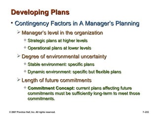 © 2007 Prentice Hall, Inc. All rights reserved. 7–233
Developing Plans
Developing Plans
• Contingency Factors in A Manager’s Planning
Contingency Factors in A Manager’s Planning
 Manager’s level in the organization
Manager’s level in the organization
 Strategic plans at higher levels
Strategic plans at higher levels
 Operational plans at lower levels
Operational plans at lower levels
 Degree of environmental uncertainty
Degree of environmental uncertainty
 Stable environment: specific plans
Stable environment: specific plans
 Dynamic environment: specific but flexible plans
Dynamic environment: specific but flexible plans
 Length of future commitments
Length of future commitments
 Commitment Concept:
Commitment Concept: current plans affecting future
current plans affecting future
commitments must be sufficiently long-term to meet those
commitments must be sufficiently long-term to meet those
commitments.
commitments.
 
