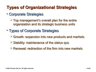 © 2007 Prentice Hall, Inc. All rights reserved. 8–253
Types of Organizational Strategies
Types of Organizational Strategies
• Corporate Strategies
Corporate Strategies
 Top management’s overall plan for the entire
Top management’s overall plan for the entire
organization and its strategic business units
organization and its strategic business units
• Types of Corporate Strategies
Types of Corporate Strategies
 Growth: expansion into new products and markets
Growth: expansion into new products and markets
 Stability: maintenance of the status quo
Stability: maintenance of the status quo
 Renewal: redirection of the firm into new markets
Renewal: redirection of the firm into new markets
 