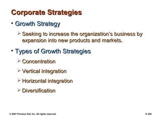 © 2007 Prentice Hall, Inc. All rights reserved. 8–255
Corporate Strategies
Corporate Strategies
• Growth Strategy
Growth Strategy
 Seeking to increase the organization’s business by
Seeking to increase the organization’s business by
expansion into new products and markets.
expansion into new products and markets.
• Types of Growth Strategies
Types of Growth Strategies
 Concentration
Concentration
 Vertical integration
Vertical integration
 Horizontal integration
Horizontal integration
 Diversification
Diversification
 