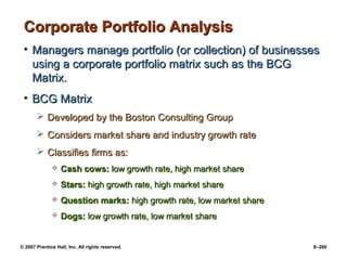 © 2007 Prentice Hall, Inc. All rights reserved. 8–260
Corporate Portfolio Analysis
Corporate Portfolio Analysis
• Managers manage portfolio (or collection) of businesses
Managers manage portfolio (or collection) of businesses
using a corporate portfolio matrix such as the BCG
using a corporate portfolio matrix such as the BCG
Matrix.
Matrix.
• BCG Matrix
BCG Matrix
 Developed by the Boston Consulting Group
Developed by the Boston Consulting Group
 Considers market share and industry growth rate
Considers market share and industry growth rate
 Classifies firms as:
Classifies firms as:
 Cash cows:
Cash cows: low growth rate, high market share
low growth rate, high market share
 Stars:
Stars: high growth rate, high market share
high growth rate, high market share
 Question marks:
Question marks: high growth rate, low market share
high growth rate, low market share
 Dogs:
Dogs: low growth rate, low market share
low growth rate, low market share
 