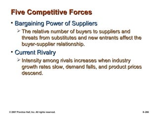 © 2007 Prentice Hall, Inc. All rights reserved. 8–266
Five Competitive Forces
Five Competitive Forces
• Bargaining Power of Suppliers
Bargaining Power of Suppliers
 The relative number of buyers to suppliers and
The relative number of buyers to suppliers and
threats from substitutes and new entrants affect the
threats from substitutes and new entrants affect the
buyer-supplier relationship.
buyer-supplier relationship.
• Current Rivalry
Current Rivalry
 Intensity among rivals increases when industry
Intensity among rivals increases when industry
growth rates slow, demand falls, and product prices
growth rates slow, demand falls, and product prices
descend.
descend.
 