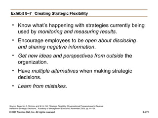 © 2007 Prentice Hall, Inc. All rights reserved. 8–271
Exhibit 8–7
Exhibit 8–7 Creating Strategic Flexibility
Creating Strategic Flexibility
• Know what’s happening with strategies currently being
used by monitoring and measuring results.
• Encourage employees to be open about disclosing
and sharing negative information.
• Get new ideas and perspectives from outside the
organization.
• Have multiple alternatives when making strategic
decisions.
• Learn from mistakes.
Source: Based on K. Shimizu and M. A. Hitt, “Strategic Flexibility: Organizational Preparedness to Reverse
Ineffective Strategic Decisions,” Academy of Management Executive, November 2004, pp. 44–59.
 