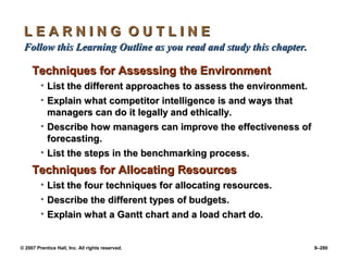 © 2007 Prentice Hall, Inc. All rights reserved. 9–280
L E A R N I N G O U T L I N E
L E A R N I N G O U T L I N E
Follow this Learning Outline as you read and study this chapter.
Follow this Learning Outline as you read and study this chapter.
Techniques for Assessing the Environment
Techniques for Assessing the Environment
• List the different approaches to assess the environment.
List the different approaches to assess the environment.
• Explain what competitor intelligence is and ways that
Explain what competitor intelligence is and ways that
managers can do it legally and ethically.
managers can do it legally and ethically.
• Describe how managers can improve the effectiveness of
Describe how managers can improve the effectiveness of
forecasting.
forecasting.
• List the steps in the benchmarking process.
List the steps in the benchmarking process.
Techniques for Allocating Resources
Techniques for Allocating Resources
• List the four techniques for allocating resources.
List the four techniques for allocating resources.
• Describe the different types of budgets.
Describe the different types of budgets.
• Explain what a Gantt chart and a load chart do.
Explain what a Gantt chart and a load chart do.
 