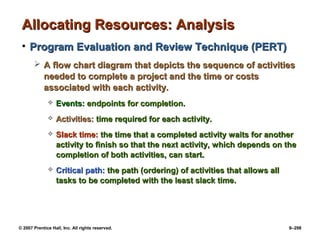 © 2007 Prentice Hall, Inc. All rights reserved. 9–298
Allocating Resources: Analysis
Allocating Resources: Analysis
• Program Evaluation and Review Technique (PERT)
Program Evaluation and Review Technique (PERT)
 A flow chart diagram that depicts the sequence of activities
A flow chart diagram that depicts the sequence of activities
needed to complete a project and the time or costs
needed to complete a project and the time or costs
associated with each activity.
associated with each activity.
 Events:
Events: endpoints for completion.
endpoints for completion.
 Activities:
Activities: time required for each activity.
time required for each activity.
 Slack time:
Slack time: the time that a completed activity waits for another
the time that a completed activity waits for another
activity to finish so that the next activity, which depends on the
activity to finish so that the next activity, which depends on the
completion of both activities, can start.
completion of both activities, can start.
 Critical path:
Critical path: the path (ordering) of activities that allows all
the path (ordering) of activities that allows all
tasks to be completed with the least slack time.
tasks to be completed with the least slack time.
 