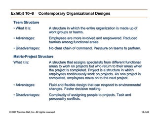 © 2007 Prentice Hall, Inc. All rights reserved. 10–343
Exhibit 10–8
Exhibit 10–8 Contemporary Organizational Designs
Contemporary Organizational Designs
Team Structure
Team Structure
•
• What it is:
What it is: A structure in which the entire organization is made up of
A structure in which the entire organization is made up of
work groups or teams.
work groups or teams.
•
• Advantages:
Advantages: Employees are more involved and empowered. Reduced
Employees are more involved and empowered. Reduced
barriers among functional areas.
barriers among functional areas.
•
• Disadvantages:
Disadvantages: No clear chain of command. Pressure on teams to perform.
No clear chain of command. Pressure on teams to perform.
Matrix-Project Structure
Matrix-Project Structure
What it is:
What it is: A structure that assigns specialists from different functional
A structure that assigns specialists from different functional
areas to work on projects but who return to their areas when
areas to work on projects but who return to their areas when
the project is completed. Project is a structure in which
the project is completed. Project is a structure in which
employees continuously work on projects. As one project is
employees continuously work on projects. As one project is
completed, employees move on to the next project.
completed, employees move on to the next project.
•
• Advantages:
Advantages: Fluid and flexible design that can respond to environmental
Fluid and flexible design that can respond to environmental
changes. Faster decision making.
changes. Faster decision making.
•
• Disadvantages:
Disadvantages: Complexity of assigning people to projects. Task and
Complexity of assigning people to projects. Task and
personality conflicts.
personality conflicts.
 