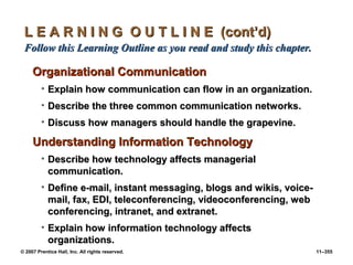 © 2007 Prentice Hall, Inc. All rights reserved. 11–355
L E A R N I N G O U T L I N E (cont’d)
L E A R N I N G O U T L I N E (cont’d)
Follow this Learning Outline as you read and study this chapter.
Follow this Learning Outline as you read and study this chapter.
Organizational Communication
Organizational Communication
• Explain how communication can flow in an organization.
Explain how communication can flow in an organization.
• Describe the three common communication networks.
Describe the three common communication networks.
• Discuss how managers should handle the grapevine.
Discuss how managers should handle the grapevine.
Understanding Information Technology
Understanding Information Technology
• Describe how technology affects managerial
Describe how technology affects managerial
communication.
communication.
• Define e-mail, instant messaging, blogs and wikis, voice-
Define e-mail, instant messaging, blogs and wikis, voice-
mail, fax, EDI, teleconferencing, videoconferencing, web
mail, fax, EDI, teleconferencing, videoconferencing, web
conferencing, intranet, and extranet.
conferencing, intranet, and extranet.
• Explain how information technology affects
Explain how information technology affects
organizations.
organizations.
 