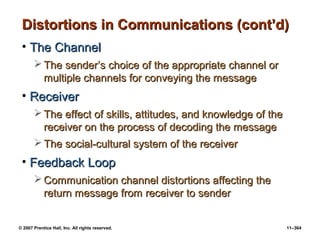 © 2007 Prentice Hall, Inc. All rights reserved. 11–364
Distortions in Communications (cont’d)
Distortions in Communications (cont’d)
• The Channel
The Channel
 The sender’s choice of the appropriate channel or
The sender’s choice of the appropriate channel or
multiple channels for conveying the message
multiple channels for conveying the message
• Receiver
Receiver
 The effect of skills, attitudes, and knowledge of the
The effect of skills, attitudes, and knowledge of the
receiver on the process of decoding the message
receiver on the process of decoding the message
 The social-cultural system of the receiver
The social-cultural system of the receiver
• Feedback Loop
Feedback Loop
 Communication channel distortions affecting the
Communication channel distortions affecting the
return message from receiver to sender
return message from receiver to sender
 