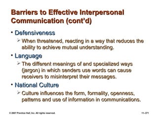 © 2007 Prentice Hall, Inc. All rights reserved. 11–371
Barriers to Effective Interpersonal
Barriers to Effective Interpersonal
Communication (cont’d)
Communication (cont’d)
• Defensiveness
Defensiveness
 When threatened, reacting in a way that reduces the
When threatened, reacting in a way that reduces the
ability to achieve mutual understanding.
ability to achieve mutual understanding.
• Language
Language
 The different meanings of and specialized ways
The different meanings of and specialized ways
(jargon) in which senders use words can cause
(jargon) in which senders use words can cause
receivers to misinterpret their messages.
receivers to misinterpret their messages.
• National Culture
National Culture
 Culture influences the form, formality, openness,
Culture influences the form, formality, openness,
patterns and use of information in communications.
patterns and use of information in communications.
 