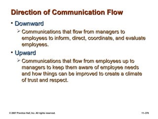 © 2007 Prentice Hall, Inc. All rights reserved. 11–376
Direction of Communication Flow
Direction of Communication Flow
• Downward
Downward
 Communications that flow from managers to
Communications that flow from managers to
employees to inform, direct, coordinate, and evaluate
employees to inform, direct, coordinate, and evaluate
employees.
employees.
• Upward
Upward
 Communications that flow from employees up to
Communications that flow from employees up to
managers to keep them aware of employee needs
managers to keep them aware of employee needs
and how things can be improved to create a climate
and how things can be improved to create a climate
of trust and respect.
of trust and respect.
 