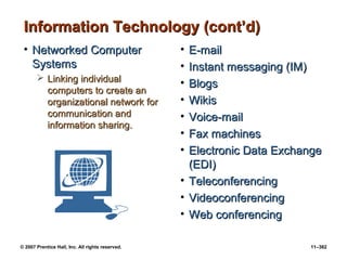 © 2007 Prentice Hall, Inc. All rights reserved. 11–382
Information Technology (cont’d)
Information Technology (cont’d)
• Networked Computer
Networked Computer
Systems
Systems
 Linking individual
Linking individual
computers to create an
computers to create an
organizational network for
organizational network for
communication and
communication and
information sharing.
information sharing.
• E-mail
E-mail
• Instant messaging (IM)
Instant messaging (IM)
• Blogs
Blogs
• Wikis
Wikis
• Voice-mail
Voice-mail
• Fax machines
Fax machines
• Electronic Data Exchange
Electronic Data Exchange
(EDI)
(EDI)
• Teleconferencing
Teleconferencing
• Videoconferencing
Videoconferencing
• Web conferencing
Web conferencing
 