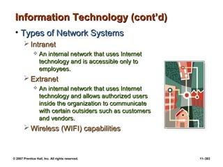 © 2007 Prentice Hall, Inc. All rights reserved. 11–383
Information Technology (cont’d)
Information Technology (cont’d)
• Types of Network Systems
Types of Network Systems
 Intranet
Intranet
 An internal network that uses Internet
An internal network that uses Internet
technology and is accessible only to
technology and is accessible only to
employees.
employees.
 Extranet
Extranet
 An internal network that uses Internet
An internal network that uses Internet
technology and allows authorized users
technology and allows authorized users
inside the organization to communicate
inside the organization to communicate
with certain outsiders such as customers
with certain outsiders such as customers
and vendors.
and vendors.
 Wireless (WIFI) capabilities
Wireless (WIFI) capabilities
 