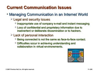 © 2007 Prentice Hall, Inc. All rights reserved. 11–385
Current Communication Issues
Current Communication Issues
• Managing Communication in an Internet World
Managing Communication in an Internet World
 Legal and security issues
Legal and security issues
 Inappropriate use of company e-mail and instant messaging
Inappropriate use of company e-mail and instant messaging
 Loss of confidential and proprietary information due to
Loss of confidential and proprietary information due to
inadvertent or deliberate dissemination or to hackers.
inadvertent or deliberate dissemination or to hackers.
 Lack of personal interaction
Lack of personal interaction
 Being connected is not the same as face-to-face contact.
Being connected is not the same as face-to-face contact.
 Difficulties occur in achieving understanding and
Difficulties occur in achieving understanding and
collaboration in virtual environements.
collaboration in virtual environements.
 