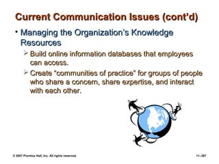 © 2007 Prentice Hall, Inc. All rights reserved. 11–387
Current Communication Issues (cont’d)
Current Communication Issues (cont’d)
• Managing the Organization’s Knowledge
Managing the Organization’s Knowledge
Resources
Resources
 Build online information databases that employees
Build online information databases that employees
can access.
can access.
 Create “communities of practice” for groups of people
Create “communities of practice” for groups of people
who share a concern, share expertise, and interact
who share a concern, share expertise, and interact
with each other.
with each other.
 