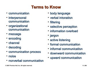 © 2007 Prentice Hall, Inc. All rights reserved. 11–390
Terms to Know
Terms to Know
• communication
communication
• interpersonal
interpersonal
communication
communication
• organizational
organizational
communication
communication
• message
message
• encoding
encoding
• channel
channel
• decoding
decoding
• communication process
communication process
• noise
noise
• nonverbal communication
nonverbal communication
• body language
body language
• verbal intonation
verbal intonation
• filtering
filtering
• selective perception
selective perception
• information overload
information overload
• jargon
jargon
• active listening
active listening
• formal communication
formal communication
• informal communication
informal communication
• downward communication
downward communication
• upward communication
upward communication
 