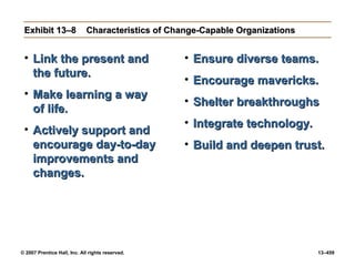 © 2007 Prentice Hall, Inc. All rights reserved. 13–459
Exhibit 13–8
Exhibit 13–8 Characteristics of Change-Capable Organizations
Characteristics of Change-Capable Organizations
• Link the present and
Link the present and
the future.
the future.
• Make learning a way
Make learning a way
of life.
of life.
• Actively support and
Actively support and
encourage day-to-day
encourage day-to-day
improvements and
improvements and
changes.
changes.
• Ensure diverse teams.
Ensure diverse teams.
• Encourage mavericks.
Encourage mavericks.
• Shelter breakthroughs
Shelter breakthroughs
• Integrate technology.
Integrate technology.
• Build and deepen trust.
Build and deepen trust.
 