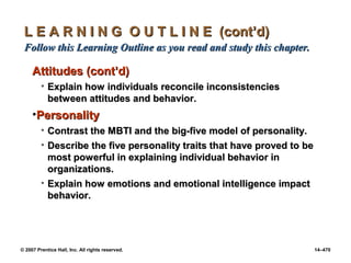 © 2007 Prentice Hall, Inc. All rights reserved. 14–470
L E A R N I N G O U T L I N E (cont’d)
L E A R N I N G O U T L I N E (cont’d)
Follow this Learning Outline as you read and study this chapter.
Follow this Learning Outline as you read and study this chapter.
Attitudes (cont’d)
Attitudes (cont’d)
• Explain how individuals reconcile inconsistencies
Explain how individuals reconcile inconsistencies
between attitudes and behavior.
between attitudes and behavior.
•Personality
Personality
• Contrast the MBTI and the big-five model of personality.
Contrast the MBTI and the big-five model of personality.
• Describe the five personality traits that have proved to be
Describe the five personality traits that have proved to be
most powerful in explaining individual behavior in
most powerful in explaining individual behavior in
organizations.
organizations.
• Explain how emotions and emotional intelligence impact
Explain how emotions and emotional intelligence impact
behavior.
behavior.
 
