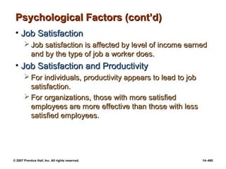 © 2007 Prentice Hall, Inc. All rights reserved. 14–480
Psychological Factors (cont’d)
Psychological Factors (cont’d)
• Job Satisfaction
Job Satisfaction
 Job satisfaction is affected by level of income earned
Job satisfaction is affected by level of income earned
and by the type of job a worker does.
and by the type of job a worker does.
• Job Satisfaction and Productivity
Job Satisfaction and Productivity
 For individuals, productivity appears to lead to job
For individuals, productivity appears to lead to job
satisfaction.
satisfaction.
 For organizations, those with more satisfied
For organizations, those with more satisfied
employees are more effective than those with less
employees are more effective than those with less
satisfied employees.
satisfied employees.
 