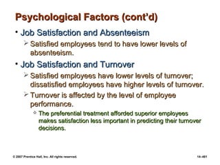 © 2007 Prentice Hall, Inc. All rights reserved. 14–481
Psychological Factors (cont’d)
Psychological Factors (cont’d)
• Job Satisfaction and Absenteeism
Job Satisfaction and Absenteeism
 Satisfied employees tend to have lower levels of
Satisfied employees tend to have lower levels of
absenteeism.
absenteeism.
• Job Satisfaction and Turnover
Job Satisfaction and Turnover
 Satisfied employees have lower levels of turnover;
Satisfied employees have lower levels of turnover;
dissatisfied employees have higher levels of turnover.
dissatisfied employees have higher levels of turnover.
 Turnover is affected by the level of employee
Turnover is affected by the level of employee
performance.
performance.
 The preferential treatment afforded superior employees
The preferential treatment afforded superior employees
makes satisfaction less important in predicting their turnover
makes satisfaction less important in predicting their turnover
decisions.
decisions.
 