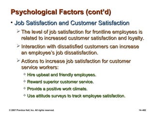 © 2007 Prentice Hall, Inc. All rights reserved. 14–482
Psychological Factors (cont’d)
Psychological Factors (cont’d)
• Job Satisfaction and Customer Satisfaction
Job Satisfaction and Customer Satisfaction
 The level of job satisfaction for frontline employees is
The level of job satisfaction for frontline employees is
related to increased customer satisfaction and loyalty.
related to increased customer satisfaction and loyalty.
 Interaction with dissatisfied customers can increase
Interaction with dissatisfied customers can increase
an employee’s job dissatisfaction.
an employee’s job dissatisfaction.
 Actions to increase job satisfaction for customer
Actions to increase job satisfaction for customer
service workers:
service workers:
 Hire upbeat and friendly employees.
Hire upbeat and friendly employees.
 Reward superior customer service.
Reward superior customer service.
 Provide a positive work climate.
Provide a positive work climate.
 Use attitude surveys to track employee satisfaction.
Use attitude surveys to track employee satisfaction.
 