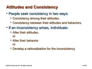 © 2007 Prentice Hall, Inc. All rights reserved. 14–487
Attitudes and Consistency
Attitudes and Consistency
• People seek consistency in two ways:
People seek consistency in two ways:
 Consistency among their attitudes.
Consistency among their attitudes.
 Consistency between their attitudes and behaviors.
Consistency between their attitudes and behaviors.
• If an inconsistency arises, individuals:
If an inconsistency arises, individuals:
 Alter their attitudes
Alter their attitudes
or
or
 Alter their behavior
Alter their behavior
or
or
 Develop a rationalization for the inconsistency
Develop a rationalization for the inconsistency
 