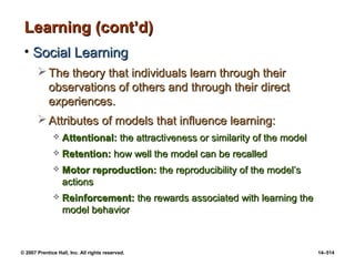 © 2007 Prentice Hall, Inc. All rights reserved. 14–514
Learning (cont’d)
Learning (cont’d)
• Social Learning
Social Learning
 The theory that individuals learn through their
The theory that individuals learn through their
observations of others and through their direct
observations of others and through their direct
experiences.
experiences.
 Attributes of models that influence learning:
Attributes of models that influence learning:
 Attentional:
Attentional: the attractiveness or similarity of the model
the attractiveness or similarity of the model
 Retention:
Retention: how well the model can be recalled
how well the model can be recalled
 Motor reproduction:
Motor reproduction: the reproducibility of the model’s
the reproducibility of the model’s
actions
actions
 Reinforcement:
Reinforcement: the rewards associated with learning the
the rewards associated with learning the
model behavior
model behavior
 